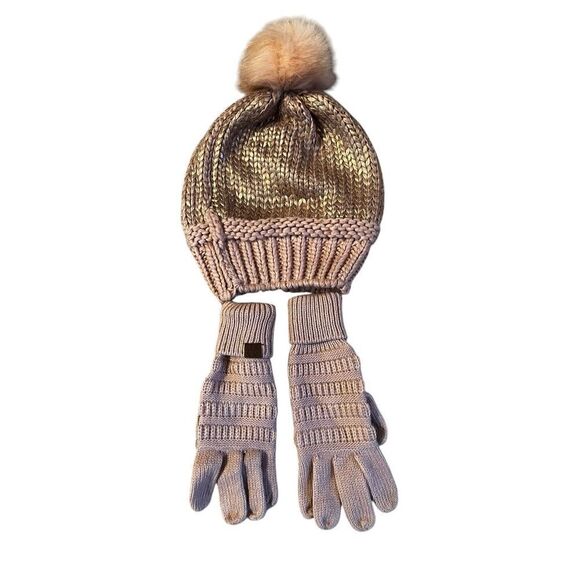 C. C. Exclusives Womens OS Knitted Tobaggan Pom Pom & Glove Set Pink Gold - Picture 4 of 7